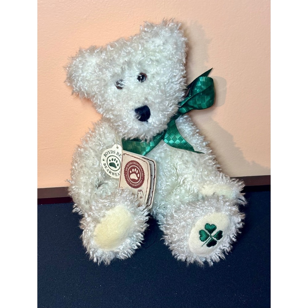 Boyds Bears Lotsaluck White Plush Irish Teddy Bear St Patricks Day Clover 917370